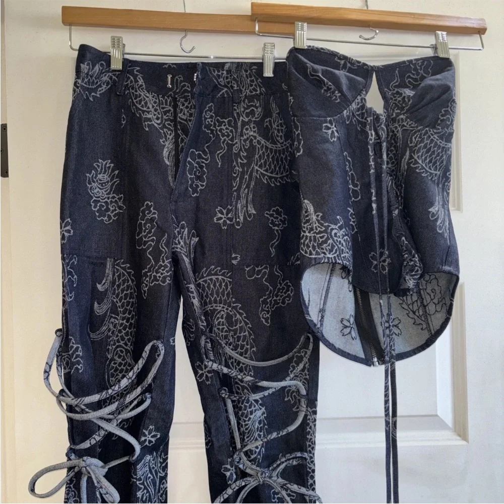 Kim Shui SET Stylish Bandana Print Women's Blue Top & Pants XS Rare - Picture 2 of 6